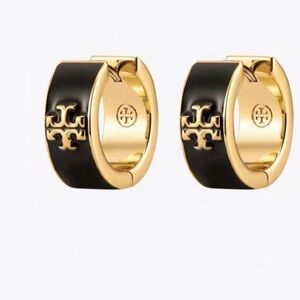 Tory Burch Black and Gold Logo Hoop Earrings
